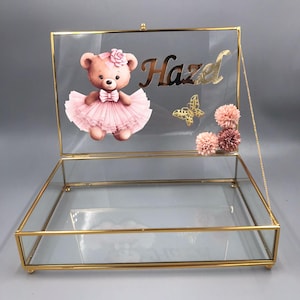 Baby-Schokoladenkiste, kundenspezifische Baby-Schokoladenschachtel, Babyparty-Verzierungen, es ist ein Mädchen, Teddybär-Mädchen Kasten, Glasschokoladenkasten