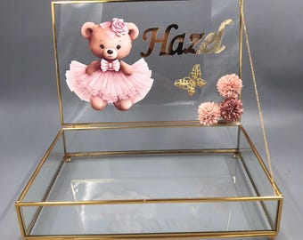 Caja de chocolates para bebé, caja de chocolates personalizada para niña, adornos para baby shower, es una niña, caja de osito de peluche para niña, caja de chocolates de vidrio