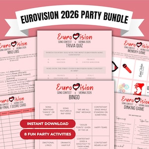 May include: A Eurovision Song Contest 2026 party bundle with trivia, bingo, memory, and Mad Libs game sheets. The bundle also includes a semi-final score card and a drinking game. The design is predominantly pink and red, with the text "Instant Download".