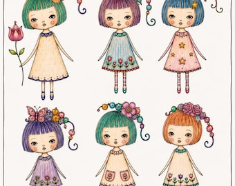 Make Art Anyway Collage Kit, Whimsical Girls, Moon, Flowers (Digital Download)