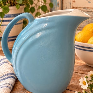 May include: A light blue ceramic pitcher with a smooth, glossy finish and a curved handle. The vessel features a wide, open spout and a rounded body design. The interior of the pitcher is white, contrasting with the solid blue exterior surface.