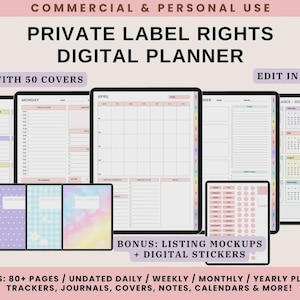 May include: Digital planner with multiple layouts, including yearly, monthly, and daily views. The image shows various digital planner pages with a pink and pastel color scheme. Includes covers, trackers, journals, and calendars. Text on the image reads "Private Label Rights Digital Planner."