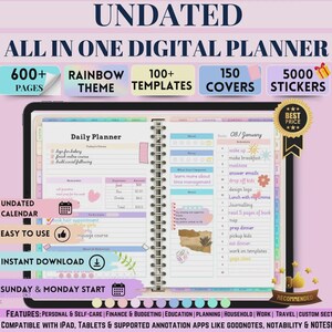 May include: Digital planner with a rainbow theme, featuring 600+ pages, 100+ templates, 150 covers, and 5000 stickers. The planner includes an undated calendar, is easy to use, and offers instant download. It is compatible with iPad and tablets.