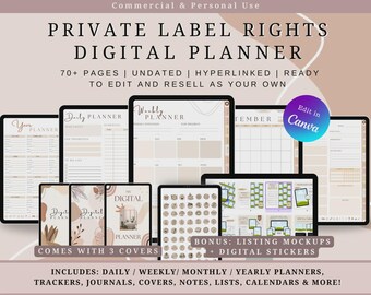 May include: A digital planner displayed on multiple tablets and devices. The text reads "Private Label Rights Digital Planner" with features like undated pages, hyperlinks, and ready-to-edit templates. Includes daily, weekly, monthly, and yearly planners, plus covers, trackers, and more.