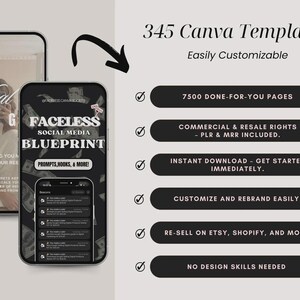 May include: Image showcasing a digital product, a "Faceless Social Media Blueprint" with 345 Canva templates. The image includes mockups of smartphones displaying the product's features, such as prompts, hooks, and more. Additional text highlights key benefits like commercial rights and instant download.