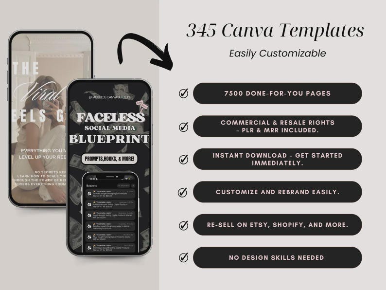 May include: Image showcasing a digital product, a "Faceless Social Media Blueprint" with 345 Canva templates. The image includes mockups of smartphones displaying the product's features, such as prompts, hooks, and more. Additional text highlights key benefits like commercial rights and instant download.