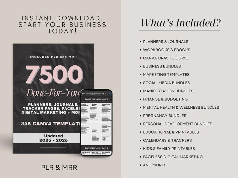 May include: Digital product bundle with 7500 done-for-you templates, including planners, journals, and marketing materials. The image shows a phone displaying a template list and text that says "Instant Download. Start Your Business Today!" Updated for 2025-2026.