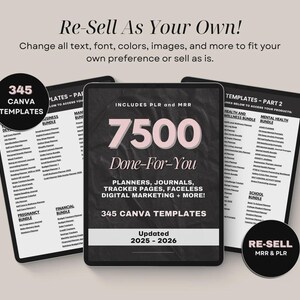 May include: Digital product bundle with 7500 done-for-you planners, journals, and marketing templates. Includes 345 Canva templates. The text "Re-Sell As Your Own!" is displayed at the top. The product is updated for 2025-2026.