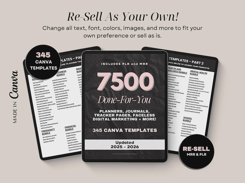 May include: Digital product bundle with 7500 done-for-you planners, journals, and marketing templates. Includes 345 Canva templates. The text "Re-Sell As Your Own!" is displayed at the top. The product is updated for 2025-2026.