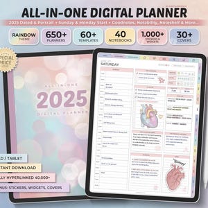 Può includere: Planner digitale all-in-one per il 2025 con tema arcobaleno, per iPad/tablet. Include 650+ planner, 60+ modelli, 40 quaderni e 1.000+ adesivi e widget. Bonus: adesivi, widget e copertine.