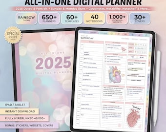 All-in-One Digital Planner 2025, Digital Planner, Digital Journal, Digital Goodnotes Template, Weekly, Daily Planner, Notability
