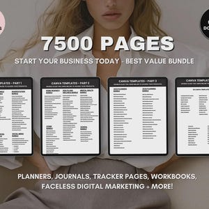May include: Digital product bundle with 7500 pages and 345 Canva templates. Includes planners, journals, workbooks, and more. The text reads "Start Your Business Today - Best Value Bundle" and "Instant Download".