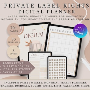 Könnte beinhalten: Digitales Planer-Mockup mit dem Text "Private Label Rights Digital Planner". Das Bild zeigt mehrere Tablets, die Planerseiten anzeigen, darunter einen Monatskalender und einen Wochenplaner. Das Bild enthält auch den Text "Edit in Canva."