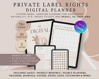 Planificador digital PLR 2025, uso comercial, editable en Canva, planificador PLR con hipervínculos, diario PLR, reventa de planificadores con derechos de marca privada