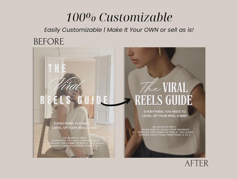 May include: Image showcasing a guide titled "The Viral Reels Guide" with the text "Everything you need to level up your reel game!" The image is 100% customizable and shows a before and after example.