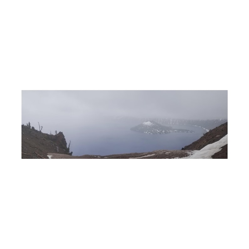 Wizard Island of Crater Lake in Fog Panorama on Matte Stretched Canvas