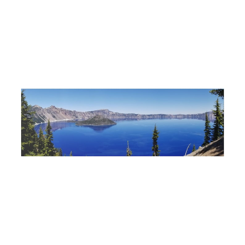 Wizard Island of Crater Lake in Summer Panorama on Matte Stretched Canvas