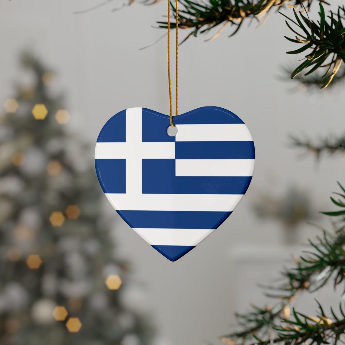 Greek Flag Porcelain Heart Christmas Ornament