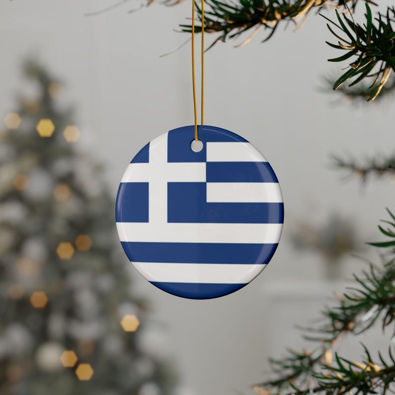 Greek Flag Porcelain Round Christmas Ornament