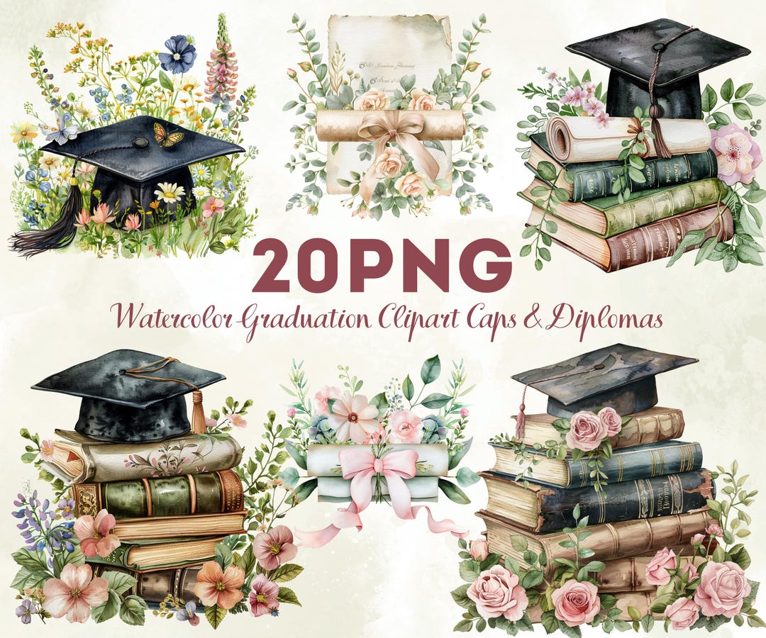 Graduation Watercolor Clipart PNG Bundle, Diploma Cap Education ...