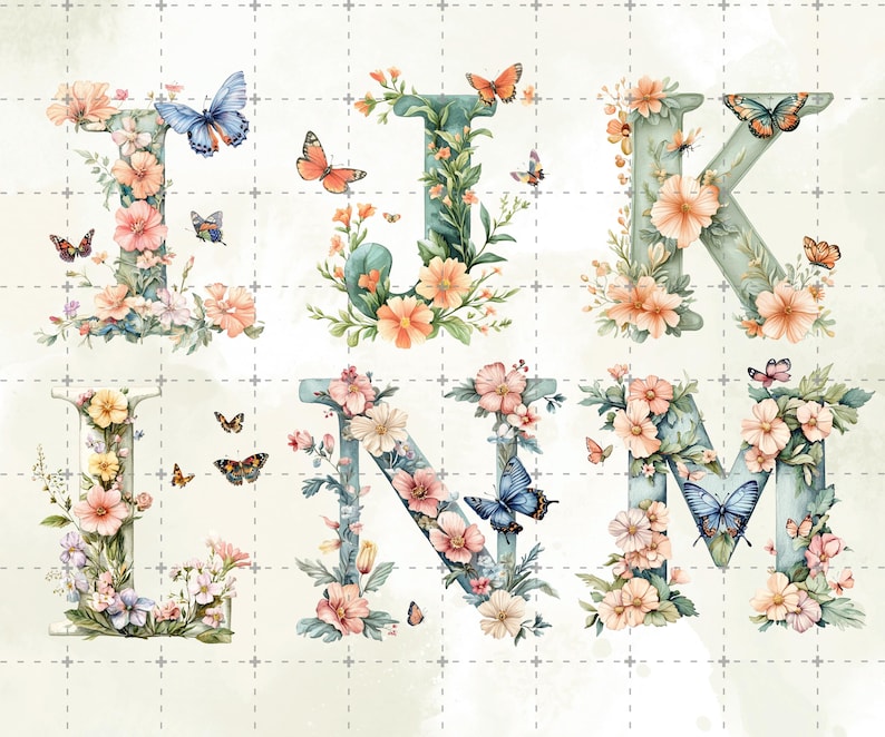 Floral Alphabet Clipart PNG, Watercolor Letters Bundle, Botanical ABC ...