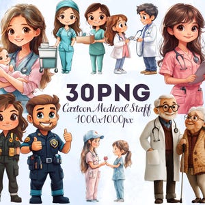Op de afbeelding: Een digitale illustratie met cartoon medisch personeel, waaronder verpleegkundigen, artsen en een politieagent. De afbeelding bevat de tekst "30PNG Cartoon Medical Staff 1000x1000px". De personages worden in verschillende poses afgebeeld.