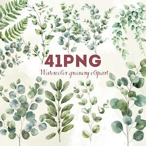 May include: Watercolor greenery clipart featuring various green leaves and branches. The image includes different types of foliage, such as eucalyptus and ferns, in shades of green and blue-green. Text on the image reads "41 PNG Watercolor greenery clipart."