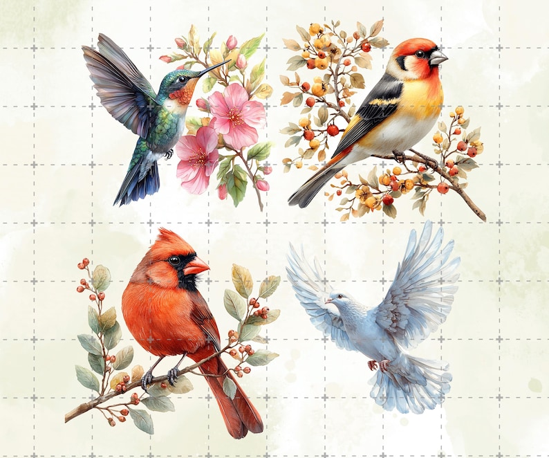 May include: Watercolor illustrations of four birds: a hummingbird with open wings near pink flowers, a goldfinch perched on a branch with berries, a red cardinal on a branch, and a dove in flight. The background is a light, grid-patterned design.