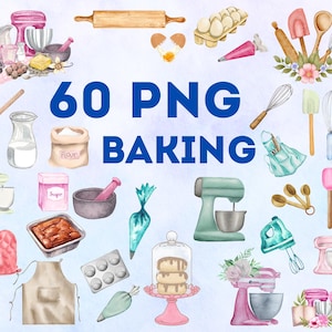 May include: Watercolor illustration of baking tools and ingredients, including mixers, rolling pins, whisks, and flour. The text "60 PNG BAKING" is displayed in blue. The image features a variety of kitchen items in a watercolor style.
