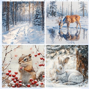 May include: Four winter-themed watercolor paintings. One shows a snowy forest path with footprints. Another depicts a deer drinking from a frozen pond. A squirrel with berries and a white rabbit in the snow complete the set.