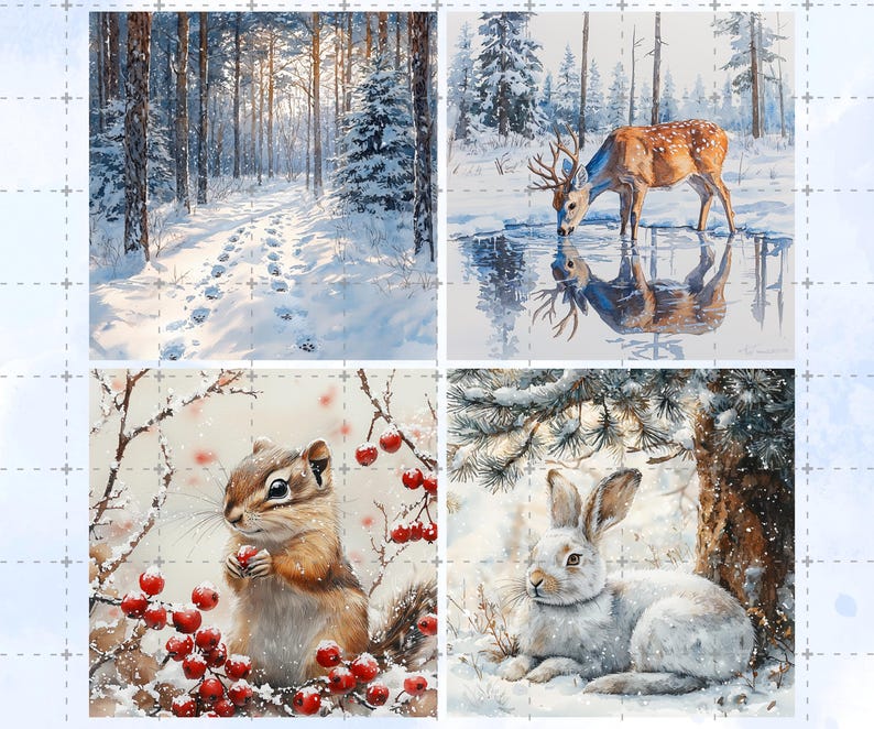 May include: Four winter-themed watercolor paintings. One shows a snowy forest path with footprints. Another depicts a deer drinking from a frozen pond. A squirrel with berries and a white rabbit in the snow complete the set.