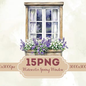 May include: Watercolor illustration of a window with a wooden frame, featuring white curtains and a window box overflowing with purple and white flowers. The image includes the text "15PNG Watercolor Spring Window".