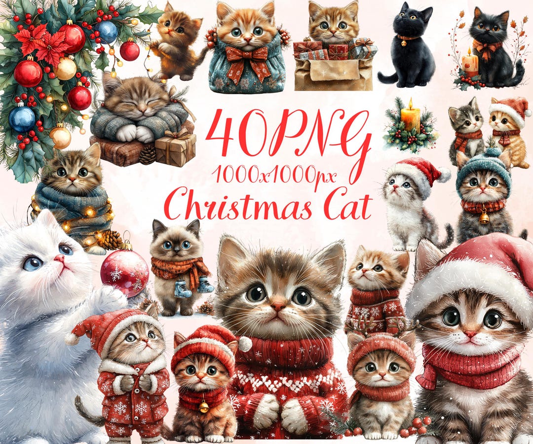 40 PNG Christmas Cat Clipart Bundle Holiday Cat Illustrations – Digital ...