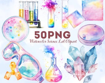 50 Watercolor Science Lab Clipart PNG Chemistry Clipart Colorful Laboratory Clip Art STEM Graphics