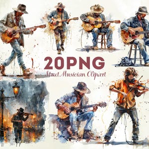 Può includere: Illustrazioni ad acquerello di musicisti di strada che suonano chitarre e un violino. Le immagini presentano uomini con cappelli e denim, con uno stile artistico e rustico. Il testo sull'immagine recita "20PNG Street Musician Clipart."