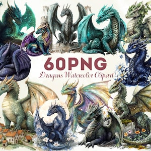 May include: A selection of watercolour clipart images depicting dragons in green, blue, purple, and black. The image includes the text "60 PNG Dragons Watercolor Clipart."