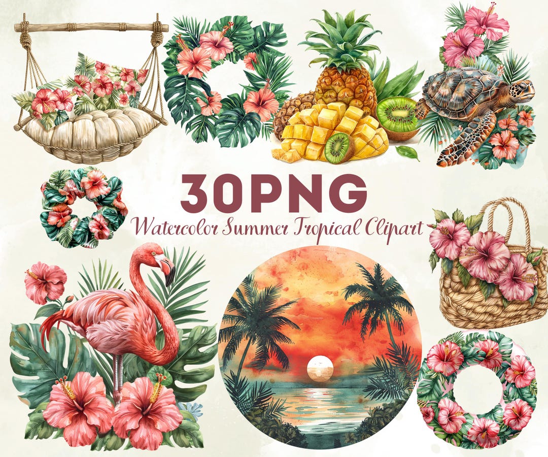 Tropical Watercolor Clipart Bundle, Summer PNG Set, Beach Party Decor ...