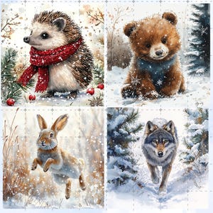 May include: Watercolor illustrations of woodland animals in a snowy winter scene. A hedgehog wearing a red scarf, a brown bear cub, a running rabbit, and a wolf are depicted. The artwork has a soft, painterly style with a focus on nature.