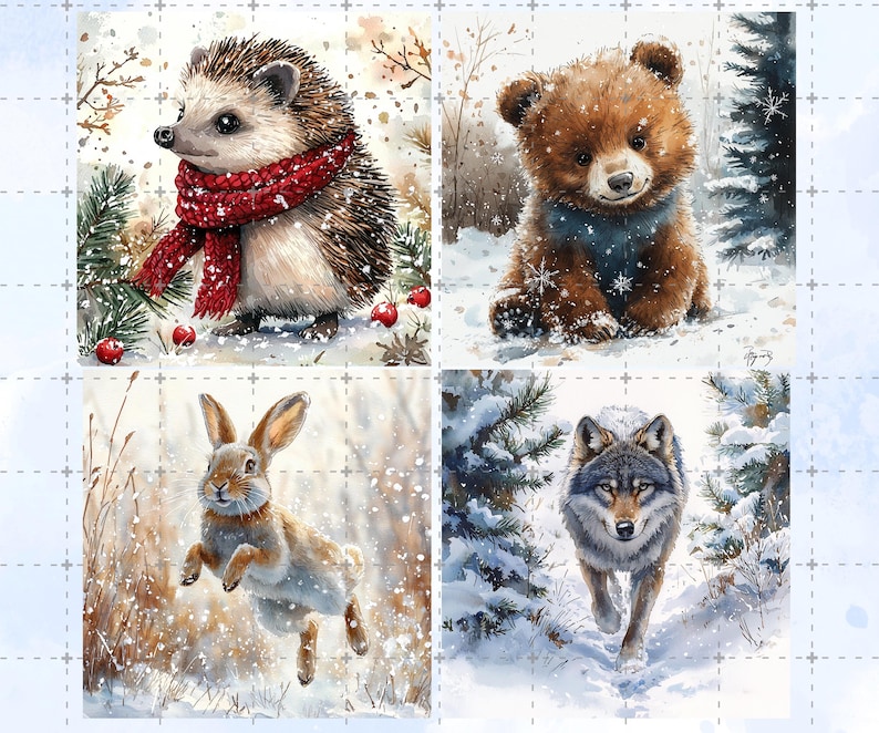 May include: Watercolor illustrations of woodland animals in a snowy winter scene. A hedgehog wearing a red scarf, a brown bear cub, a running rabbit, and a wolf are depicted. The artwork has a soft, painterly style with a focus on nature.