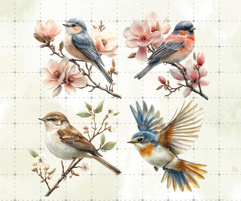 May include: Watercolor illustration of four birds perched on flowering branches. The birds feature blue, brown, and orange plumage, set against a backdrop of pink magnolia blossoms and green leaves. The artwork has a soft, artistic style.