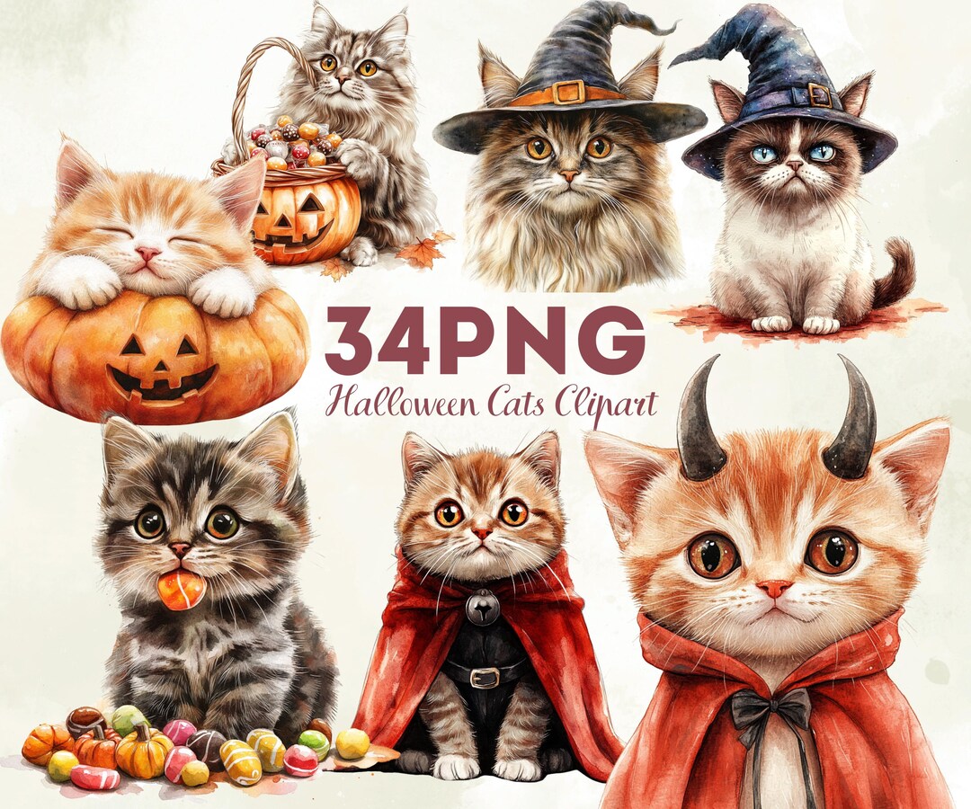 Halloween Cat Clipart 34 PNG Bundle, Cute Watercolor Kitten Graphics ...