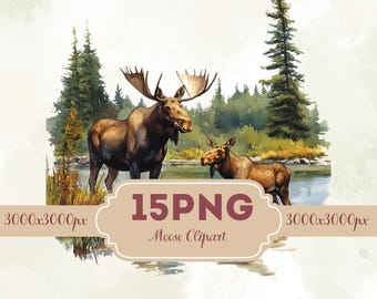 Moose Clipart Set 15 PNG, Woodland Wildlife Watercolor Art