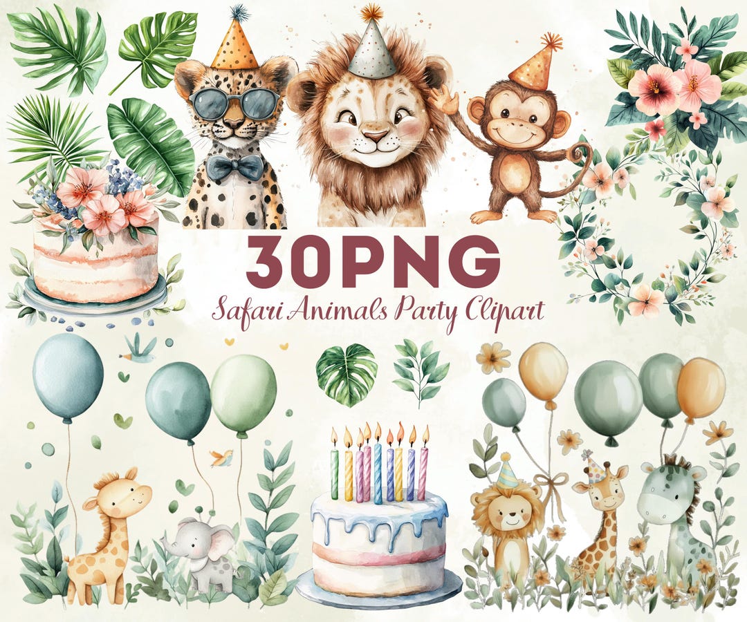 Safari Party Clipart PNG, Jungle Animals Birthday Bundle, Cute Safari ...