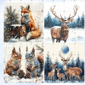 May include: Four watercolor paintings featuring winter wildlife. A fox sits on a snowy tree stump, a stag stands in a snowy forest, two squirrels hold pine cones, and a family of deer stands in a snowy forest under a blue moon.