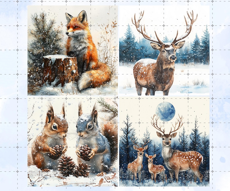 May include: Four watercolor paintings featuring winter wildlife. A fox sits on a snowy tree stump, a stag stands in a snowy forest, two squirrels hold pine cones, and a family of deer stands in a snowy forest under a blue moon.