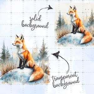 May include: Watercolor illustration of a fox with orange and white fur, sitting on a snow-covered rock. The fox is surrounded by evergreen trees, with a solid and transparent background option.