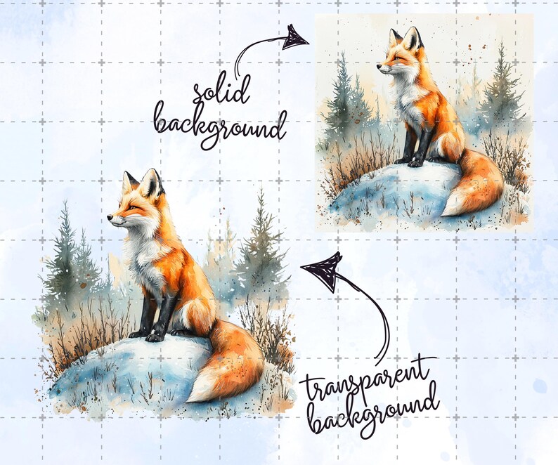 May include: Watercolor illustration of a fox with orange and white fur, sitting on a snow-covered rock. The fox is surrounded by evergreen trees, with a solid and transparent background option.