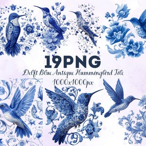 Może przedstawiać: Kolekcja wzorów płytek z antycznymi kolibrami Delft Blue. Obrazy przedstawiają szczegółowe ilustracje kolibrów z kwiatowymi akcentami w odcieniach niebieskiego i białego. Wyświetlany jest tekst "19PNG Delft Blue Antique Hummingbird Tile 1000x1000px".