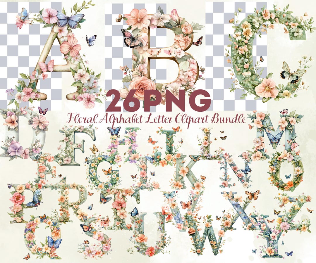 Floral Alphabet Clipart PNG, Watercolor Letters Bundle, Botanical ABC ...