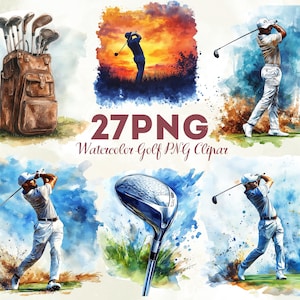 Op de afbeelding: Digitale kunst met aquarel golf thema's met een golftas met clubs, een golfclub en golfers in actie. Het kunstwerk heeft een aquareleffect met kleurspatten, waaronder oranje, blauw en groen.